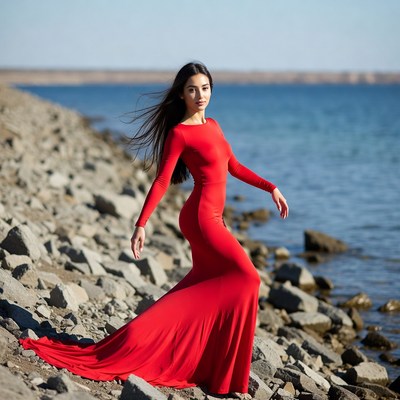 Asian woman in red gown by sea