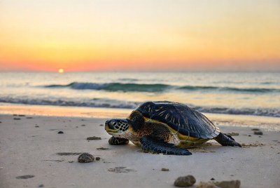 Sea turtle on beach at sunset