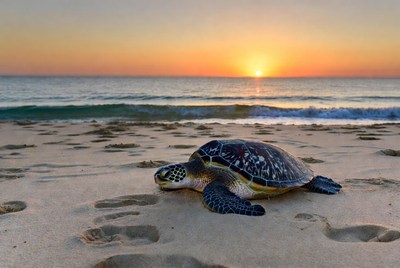 Sea Turtle on Beach at Sunset