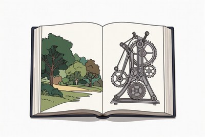 Open book with forest and mechanism illustration