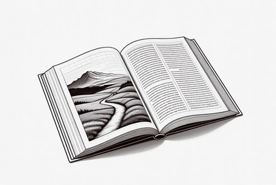 Open book with mountain landscape illustration