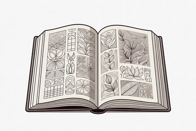 Open book with line art plants