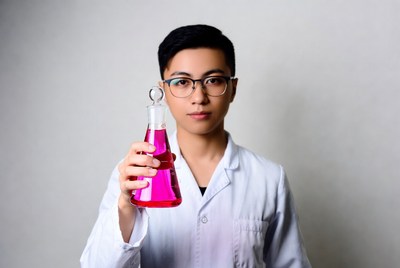 Asian man holding pink lab flask