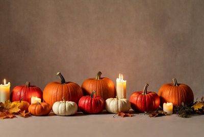 Pumpkins and Candles on Table