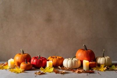Autumn Pumpkins with Candles and Leaves
