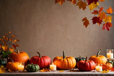 Autumn Pumpkins with Candles and Leaves