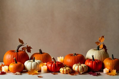 Assortment of pumpkins and autumn leaves