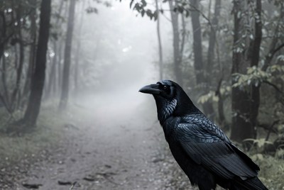 Raven on misty forest path