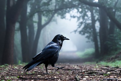 Raven walking misty forest path