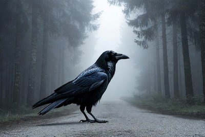 Raven standing on foggy forest path