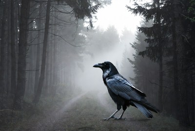 Raven walking in misty forest