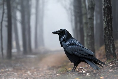 Raven standing in misty forest