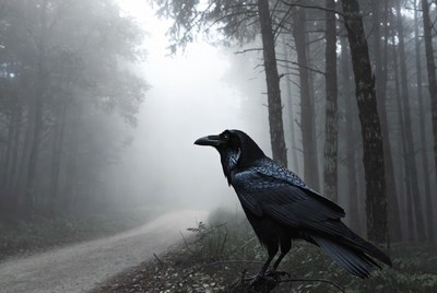 Raven standing in misty forest