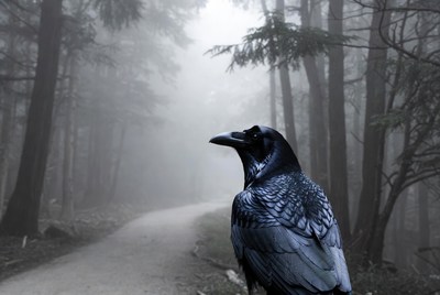Raven on foggy forest path