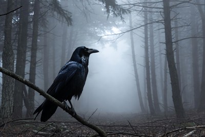Raven perched on branch in foggy forest