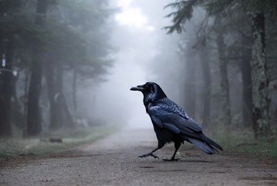 Raven walking on foggy forest path