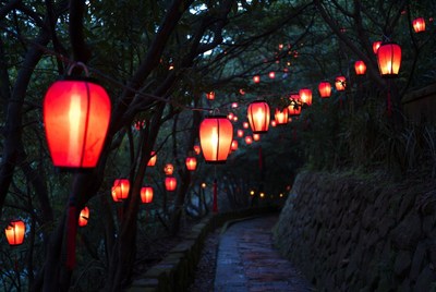 Red lanterns hanging on tree-lined path