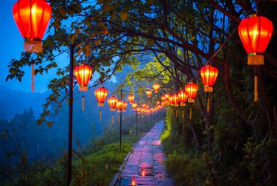 Red lanterns lining stone path