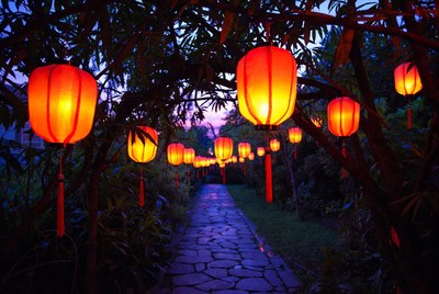 Red lanterns hanging over garden path
