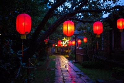 Red lanterns hanging over garden path