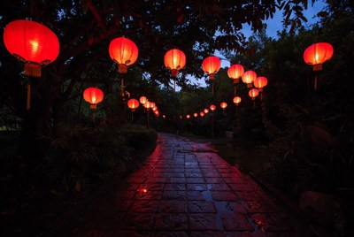 Red Lanterns Hanging Over Garden Path