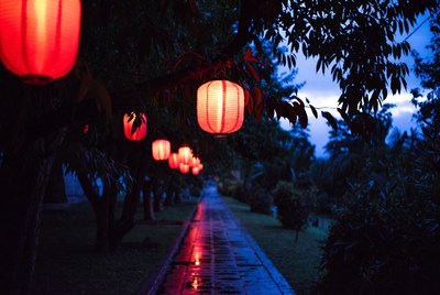Red Lanterns Hanging Over Wet Pathway
