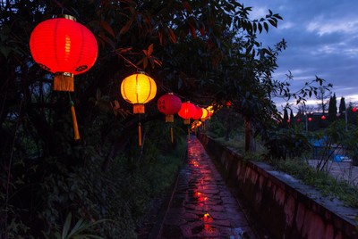 Red Lanterns Hanging Over Wet Path