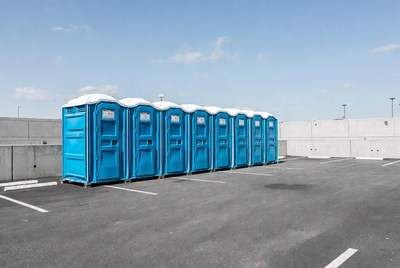 Row of Blue Portable Toilets