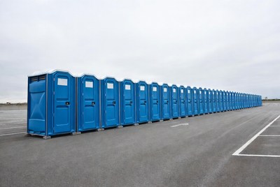 Row of Blue Portable Toilets