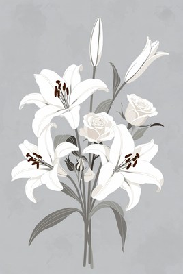 White Lilies and Roses Bouquet Illustration