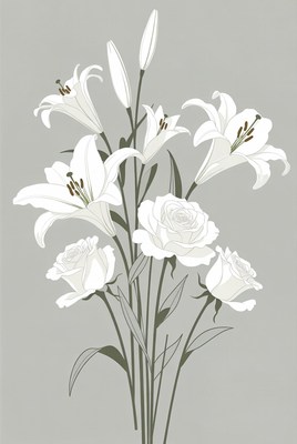 White Lilies and Roses Bouquet Illustration