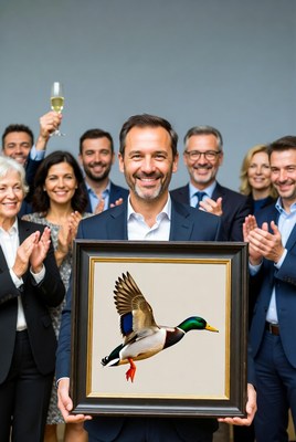Man holding duck painting with clapping group