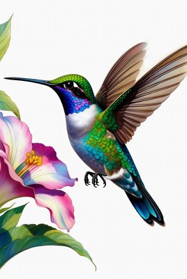 Hummingbird feeding on pink flower