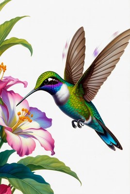 Hummingbird feeding on pink hibiscus