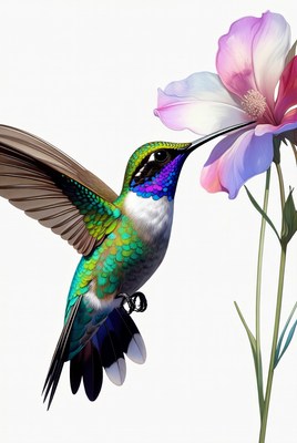 Hummingbird feeding on purple flower