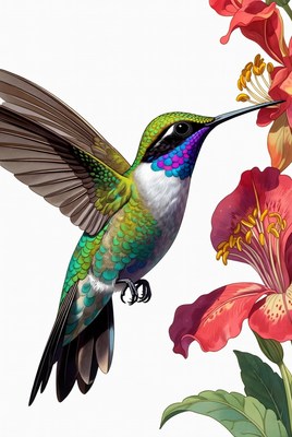 Hummingbird feeding on red flower