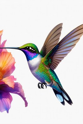 Hummingbird feeding on pink flower