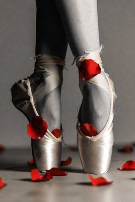Ballerina pointe shoes with red rose petals