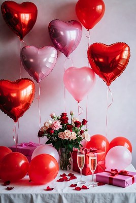 Red Heart Balloons and Roses Arrangement