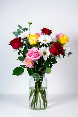 Colorful Roses Bouquet in Glass Vase