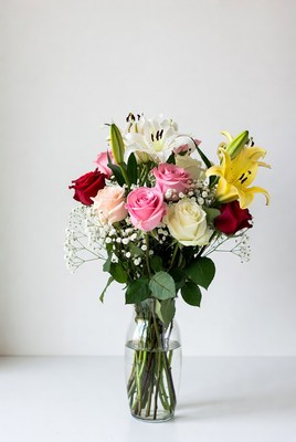 Colorful Roses and Lilies Bouquet in Vase