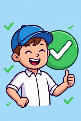 Cartoon boy giving thumbs up with checkmarks