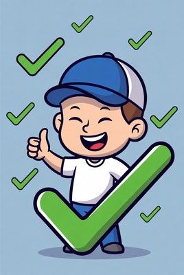 Cartoon Boy Thumbs Up with Checkmarks