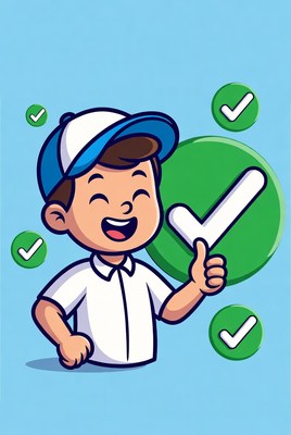 Cartoon boy giving thumbs up with checkmarks
