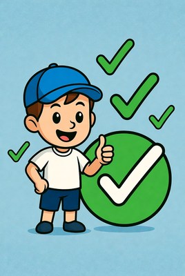 Cartoon boy giving thumbs up with checkmarks