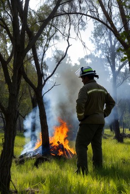 Firefighter watching bushfire in forest