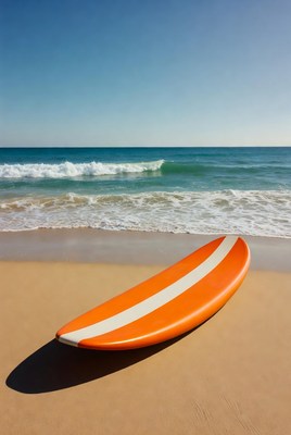 Orange surfboard on beach