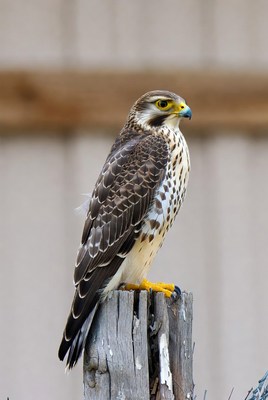 Falcon perched on wooden post