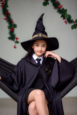 Asian girl in witch costume on hammock