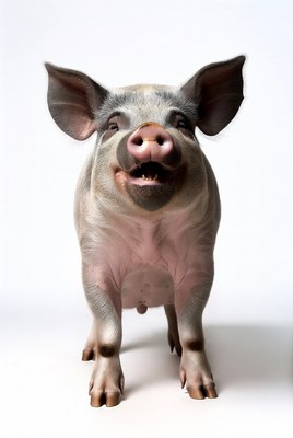 Pink pig smiling on white background